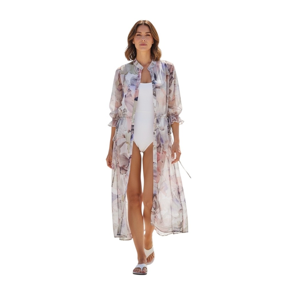 Vince Camuto Sheer Whimsy Womens size 1X Floral Duster Coverup Button Boho Dress